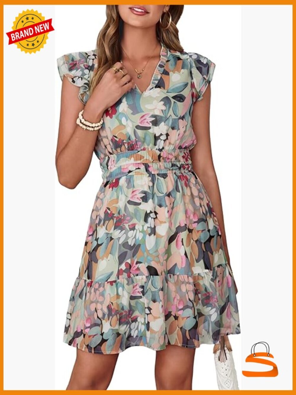 Boho Floral Ruffle Sleeve Mini Dress V-Neck Flowy A-Line